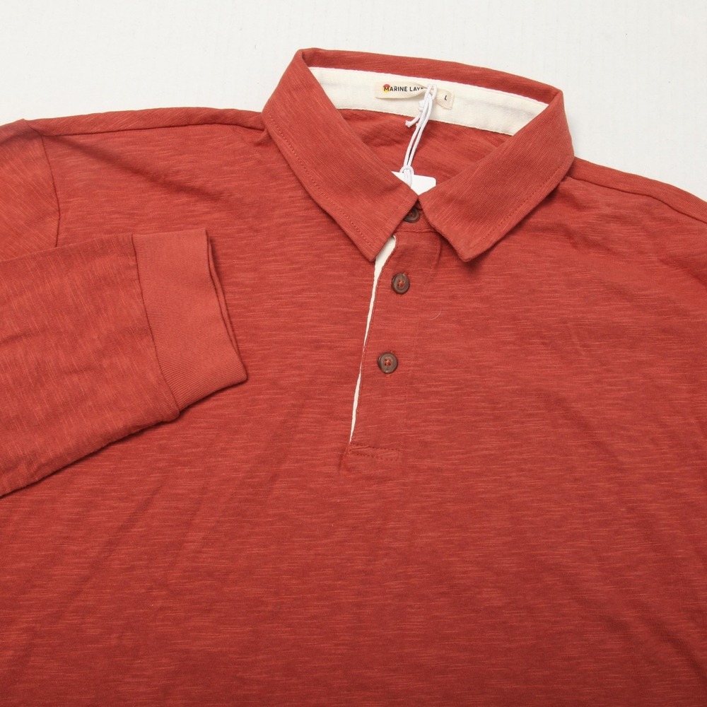 Marine Layer Polo Shirt Mens Large Red Heavy Slub Rugby Polo Long Sleeve Cotton